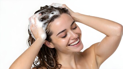 Naklejka premium A smiling woman with wet, soapy hair is washing her hair against a plain white background.