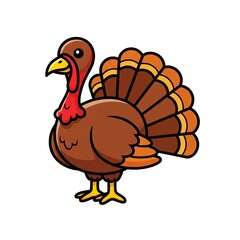 Cartoon turkey standing with colorful feathers and playful expression  