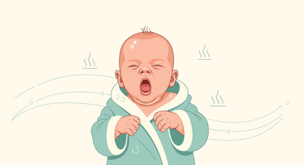 Cartoon Illustration Of A Yawning Baby Wearing A Spa Robe Ready For Bedtime