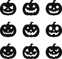 Black Halloween Pumpkin Faces Vector, Jack O Lantern Silhouette Set