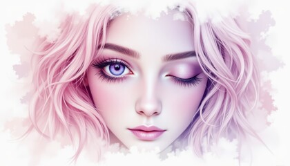 Fototapeta premium Captivating portrait, girl with vibrant pink hair and striking blue eyes portrait