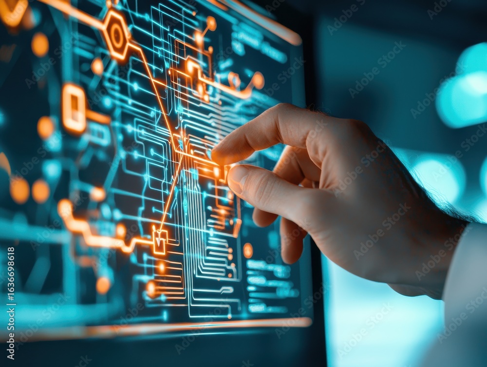 Poster engineer electrical simulation concept. hand interacting with a digital circuit interface, showcasin
