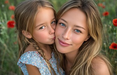 Obraz premium a woman and her daughter in a poppy field. The woman is wearing blue pajamas with red flowers, and they are kissing each other's cheeks, in a happy mood