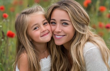 Obraz premium a woman and her daughter in a poppy field. The woman is wearing blue pajamas with red flowers, and they are kissing each other's cheeks, in a happy mood