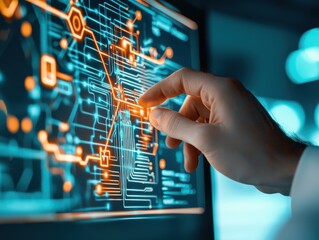 Fototapeta premium Engineer electrical simulation Concept. Hand interacting with a digital circuit interface, showcasing technology and innovation.