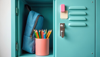 Blue backpack, cup of colorful pencils organized inside teal metal school locker. Pink eraser, sticky notes are attached to locker door, promoting neatness, back-to-school preparation for students.