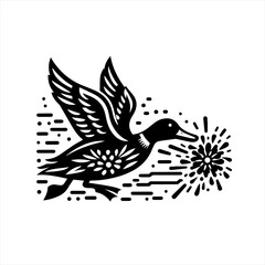 Obraz premium Stylized black duck in flight with floral design and water splashes