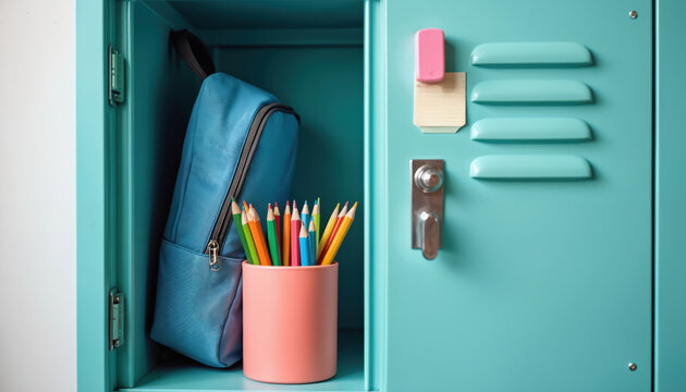 Blue backpack, cup of colorful pencils organized inside teal metal school locker. Pink eraser, sticky notes are attached to locker door, promoting neatness, back-to-school preparation for students.