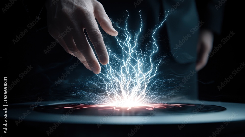 Poster engineer electrical simulation concept. a hand reaching towards a glowing source of energy, surround