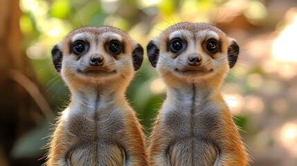 Attentive twin meerkats stand alert and curious in unison