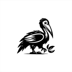 Fototapeta premium Stylized black silhouette of a pelican with leaves