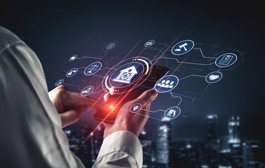 Futuristic digital law interface displaying justice scale, highlighting digital law, AI compliance,...