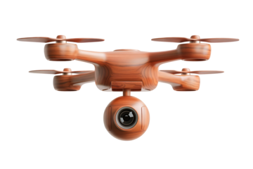  a 3d rendering of a modern drone crafted from light brown wood, featuring a spherical camera suspended beneath its quadcopter frame.