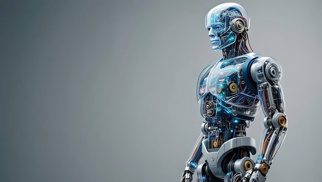 Futuristic humanoid robot with exposed internal mechanics and glowing blue lights