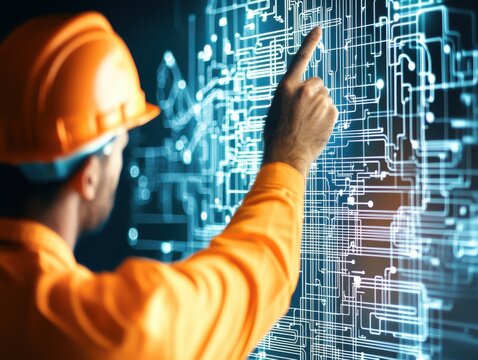 Engineer electrical simulation Concept. Engineer interacting with digital technology display in a modern workspace.