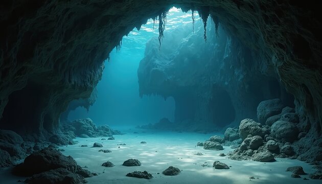 Deep-sea cave system with mysterious rock formations, overhangs. Sunbeams penetrate clear turquoise water, illuminating sandy seabed scattered with rocks. Underwater natural wonder, perfect for