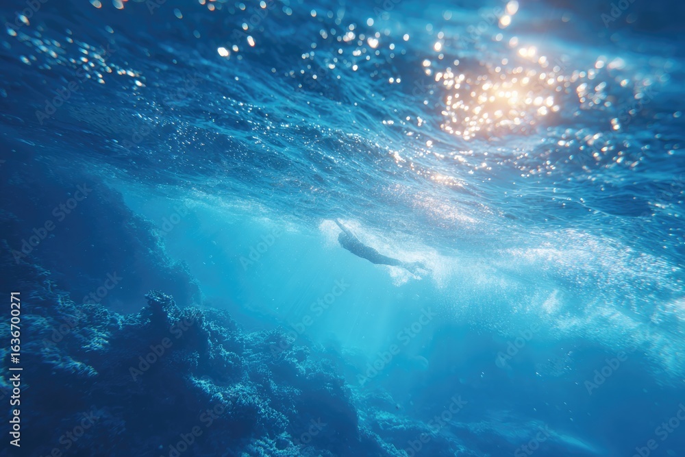 Poster sunlight filters through water, creating shimmering patterns and