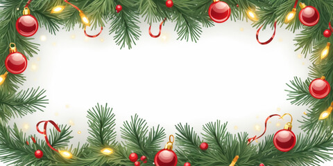 Seamless decorative christmas border with coniferous branches and garlands of christmas lights on transparent background
