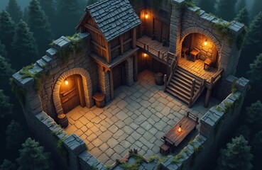 Isometric illustration of medieval castle tavern interior. Stone walls, wooden floors, staircases create atmospheric scene with warm torchlight. Features include barrels, tables, chairs, dense forest