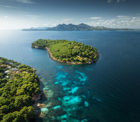 Aerial drone view of a green island with pine trees surrounded by blue Mediterranean sea, clear water and mountains. Scenic coastal landscape in Mallorca, Balearic Islands, Spain. Top view. Tropical