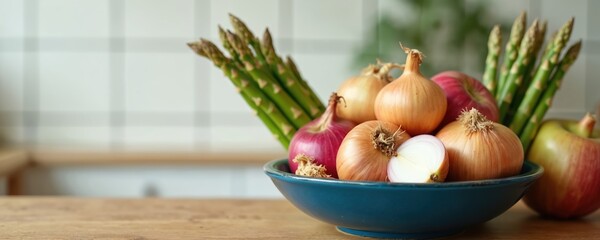 Colorful bowl of prebiotic foods like garlic, onions, asparagus, apples on wooden countertop. Natural light highlights vibrant produce, fresh ingredients. Simple arrangement promotes digestion,
