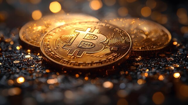 Shining gold cryptocurrency coins on a dark background