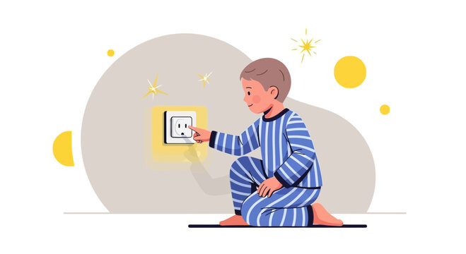 Child playing with electricity plug creating a dangerous situation illustration