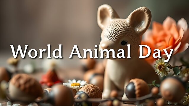 Ceramic animal figurine surrounded by seasonal flowers and acorns, exuding serenity in muted earthy tones.