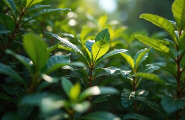 Oiti plant foliage, vibrant green leaves with sunlight filtering through. Semitropical growth, jungle texture. Natural forest backdrop, fresh garden detail. Ideal for eco-themes, organic concepts.