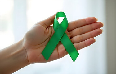 Hands holding a green ribbon, mental health support concept, soft background, hope symbolism.