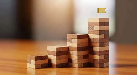Wooden Blocks Forming a Staircase with a Golden Flag at the Top, Achievement Concept, Rising to the Top with Building Blocks of Success