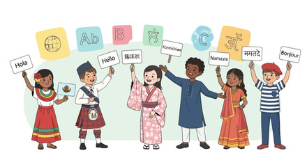 Children Around The World Greeting in Their Native Languages Holding Welcome Signs