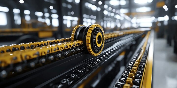 Industrial automation exemplified by roller chains and sprocket mechanisms.