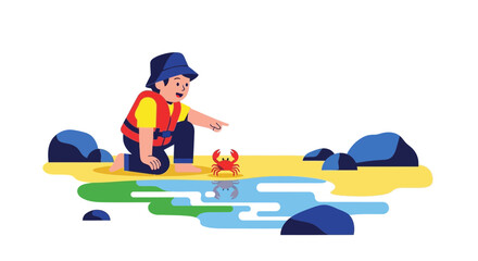 Child's Discovery At The Beach Joyful Exploration With A Crab On A Summer Day