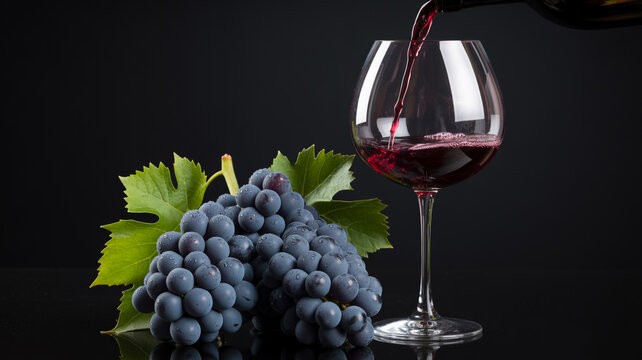Red wine pouring into glass next to dark grapes image 1