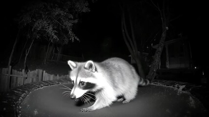 A whimsical night scene captured by a wide-angle doorbell cam, showcasing a raccoon playfully jumping on a trampoline, evoking a sense of curiosity and mischief.