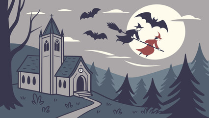 Spooky halloween scene with witches flying on broomsticks past a church under a full moon with bats in the sky