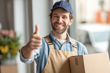 Courier smiles and gives thumbs up while holding package at delivery location during daytime Generative AI