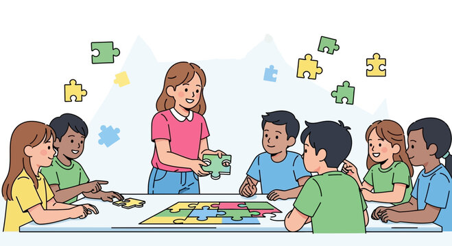 Cooperative Learning Diverse Children Assembling Jigsaw Puzzle Together Class