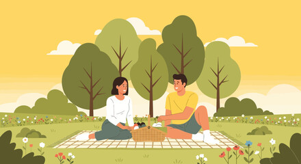 Naklejka premium Couple Enjoying Quiet Moments Together During An Idyllic Picnic In Springtime Outdoors
