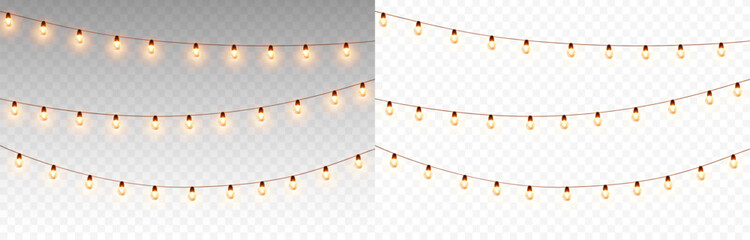 Lights bulbs isolated on transparent and white backgrounds. Glowing fairy Christmas garland strings. Vector New Year party led lamps decorations