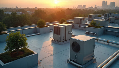 Commercial building rooftop featuring air conditioning units, heat pumps. Industrial HVAC machinery arranged on roof provides climate control. Includes ventilation systems, cooling equipment,