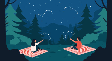 Naklejka premium Couple stargazing under a starry night sky camping in the forest illustration