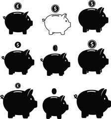 Vector and illustration of piggy bank icons. A collection of symbols representing saving, finance, and investment. Perfect for banking, wealth management, and money-related concepts.