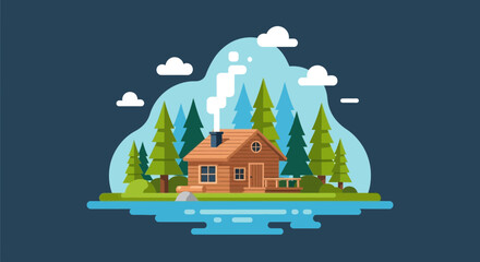 Cozy Cabin In Nature With Minimalist Landscape Under Cloudy Blue Sky