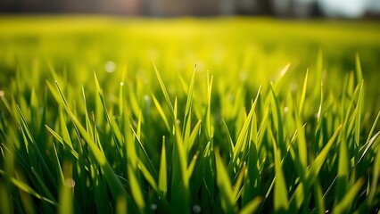 Lush green spring grass field bathed in morning sunlight, evoking freshness.