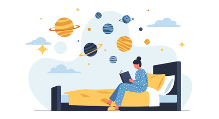 Obraz premium Cozy Evening Reading In Bed With Floating Planets And Stars Illustration