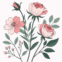 Flat Style Pastel Pink Roses and Buds Floral Vector Illustration