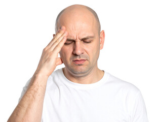 Obraz premium Stressed Bald Man Touching Forehead with Eyes Closed, Frontal View, Isolated Transparent Background PNG