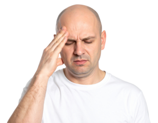 Stressed Bald Man Touching Forehead with Eyes Closed, Frontal View, Isolated Transparent Background PNG